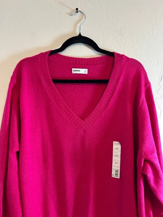 Sonoma Goods For Life 3x Lightweight V-Neck Bright Pink Soft Knit Sweater - Picture 5 of 12